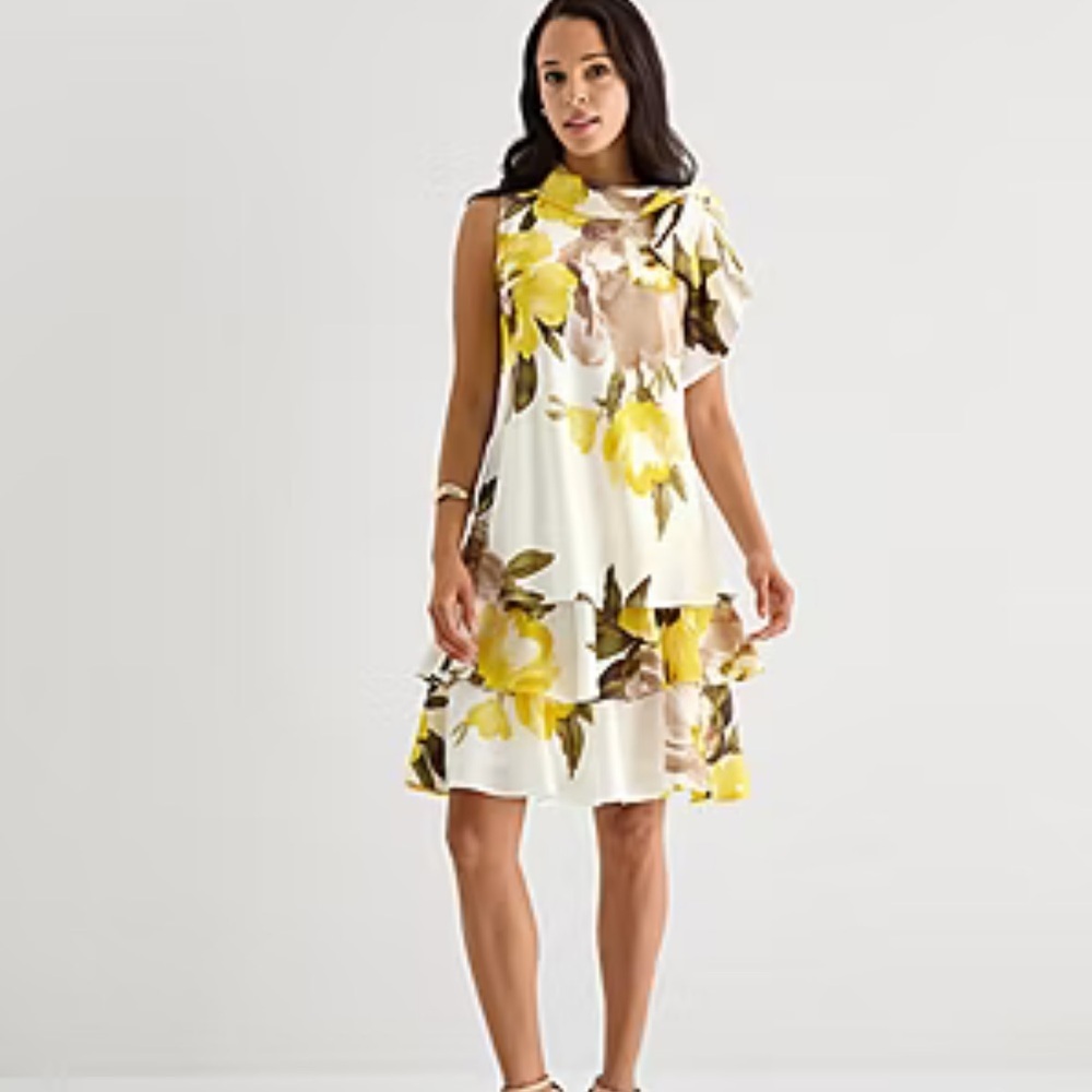 NWT Robbie Bee Floral Tiered Tie Neck Dress Sz 14